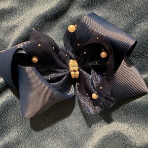 Elegant Navy Pearl Accent Hair Bow